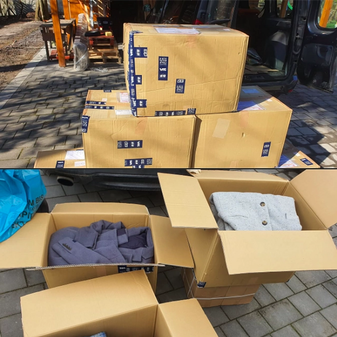 日本財団ボランティアセンターよりいただいた衣類計8箱を前線のスームィ州、テルノーピリ州、リヴィウ州に