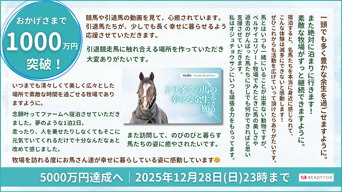 【第一目標の20%、1,000万円突破！】より多くの馬たちを迎える第4厩舎完成へ