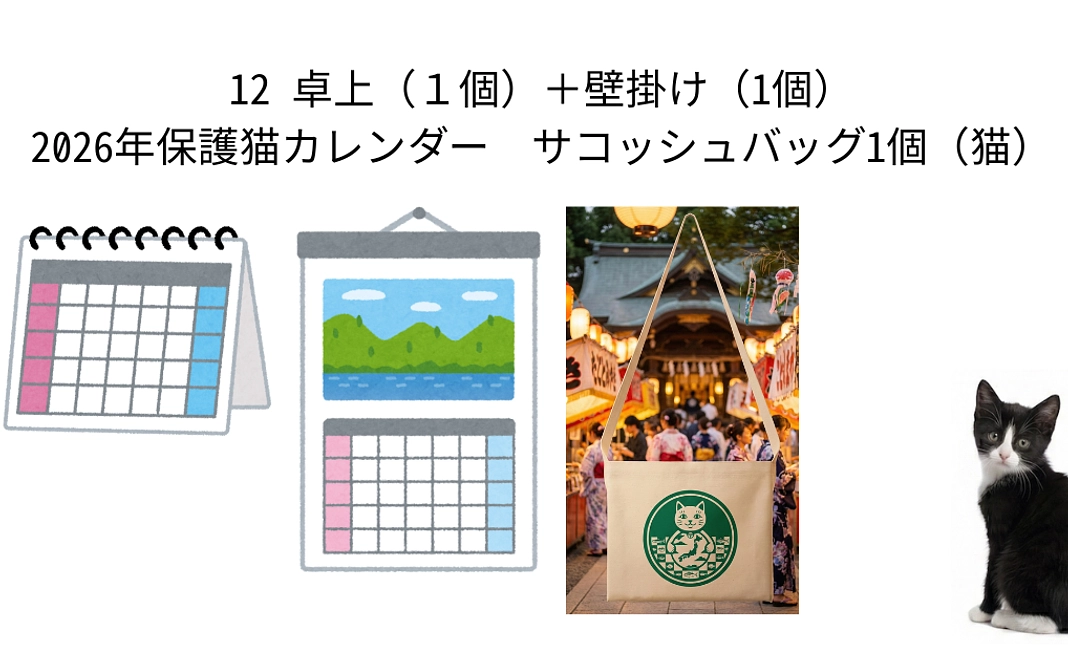 12 卓上(1個)+壁掛け(1個)2026年保護猫カレンダー サコッシュバッグ1個(猫)