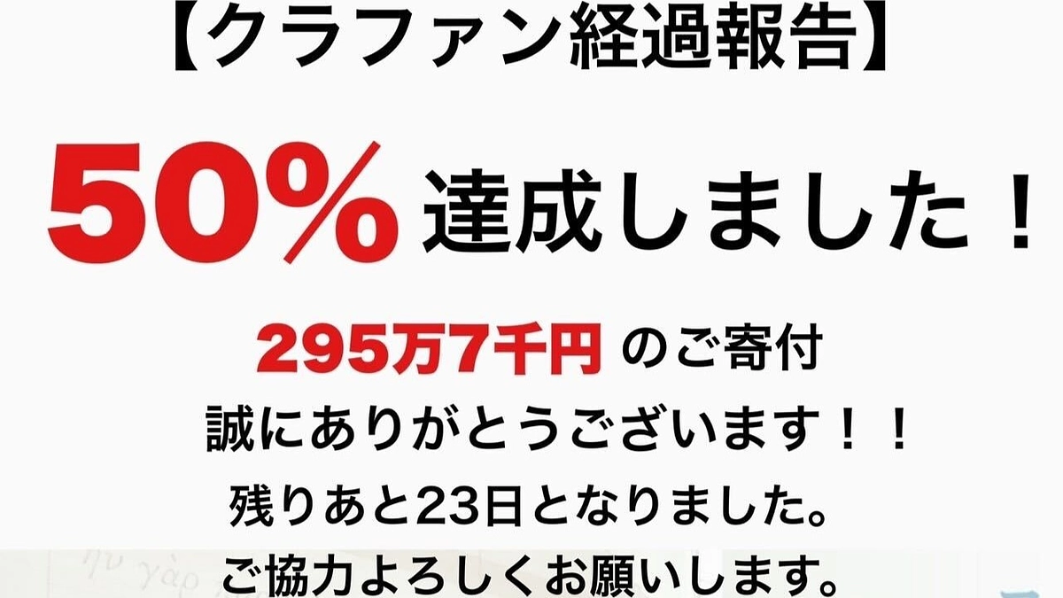 目標金額の50%を達成いたしました！