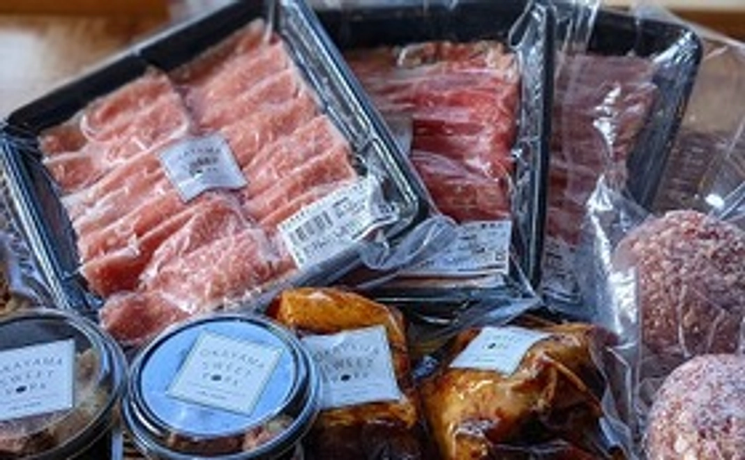 おかやま甘ぃ～豚の煮豚×2個、ローストポーク、ハンバーグ×2個、ロース、バラ、モモ