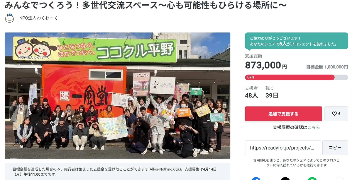 目標金額の85％を超えました‼　あともう少し！