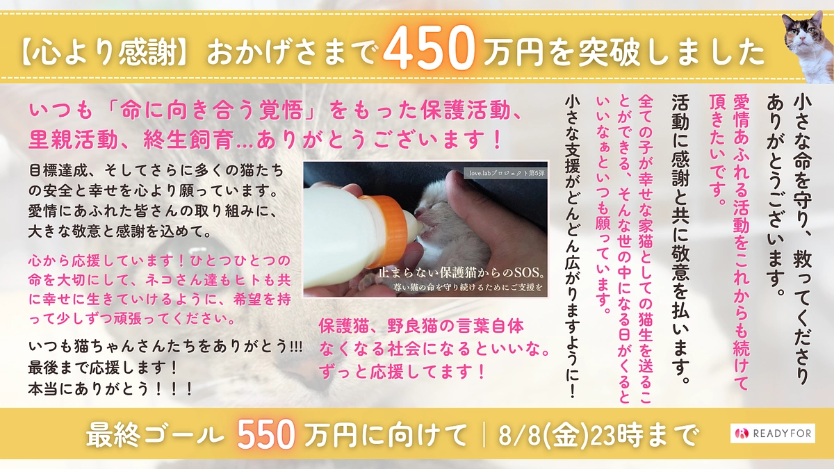 【支援募集は明日23時まで】ネクストゴール450万円達成！最終目標550万円に向けて