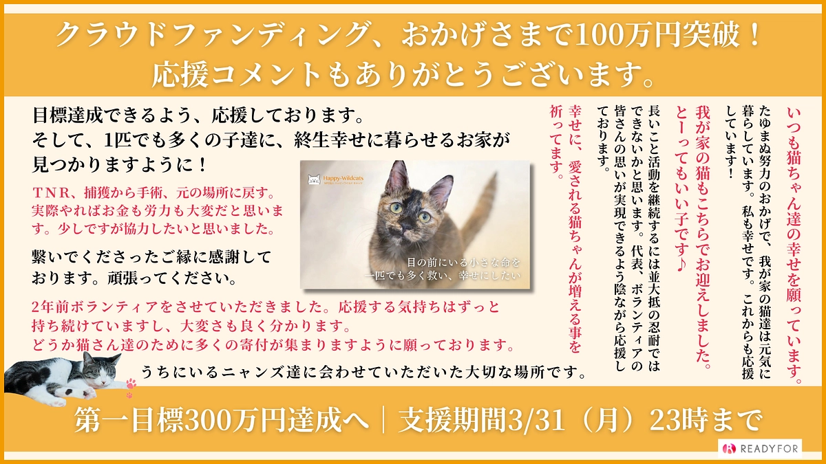 100万円突破しました！第一目標金額300万円に向けて引き続き応援よろしくお願いします。