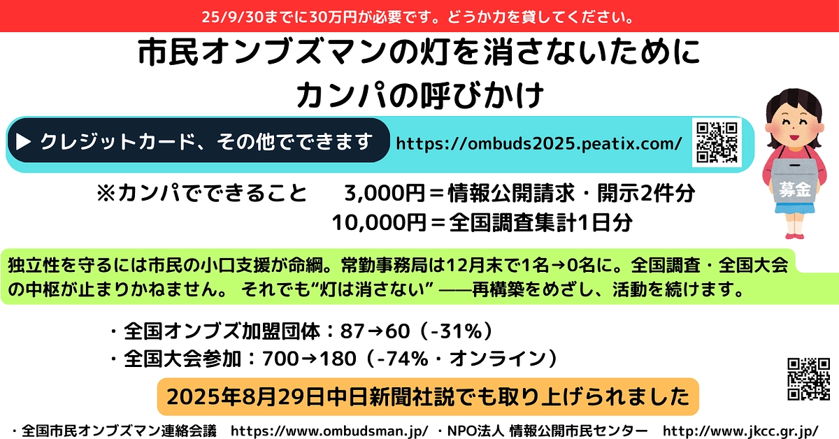 市民オンブズマンの灯を消さないために　カンパの呼びかけ