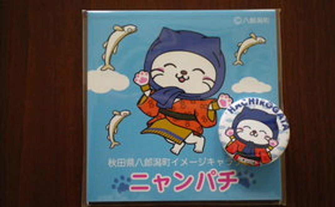 八郎潟町ゆるキャラ「ニャンパチ」からの御礼状、およびメモ帳と缶バッチのセット