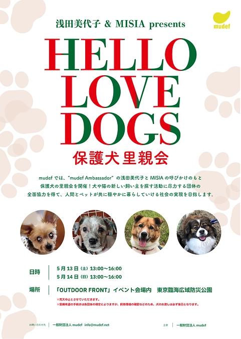 5/13浅田美代子&MISIApresents HELLO LOVE DOGS保護犬里親会のお知らせ