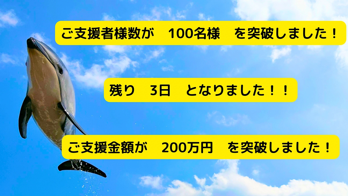 残り3日となりました！＆ご支援者様数が100名を超えました！＆200万円を突破しました！