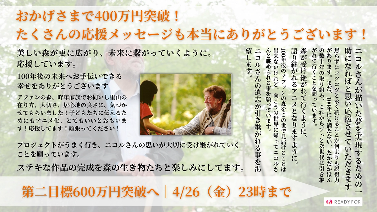 御礼：本日ご支援金額が400万円突破しました！！