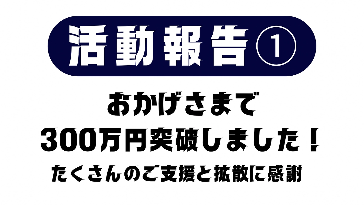 活動報告① おかげさまで300万円突破しました！たくさんのご支援と拡散に感謝