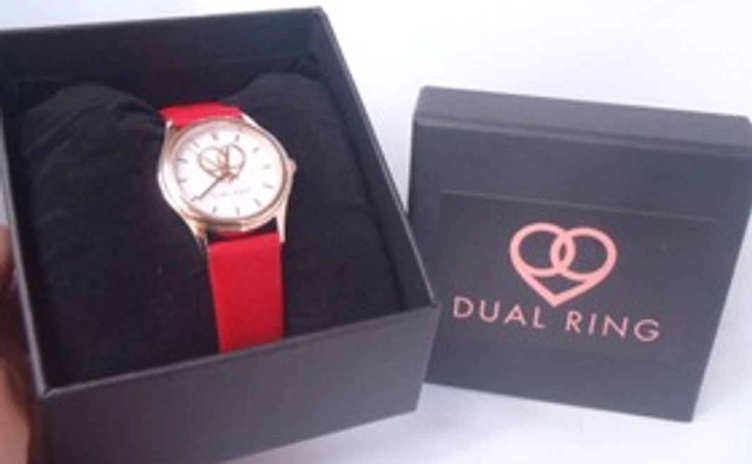 DUAL RINGオリジナルデザインレディースウォッチ文字盤白／本革バンド赤