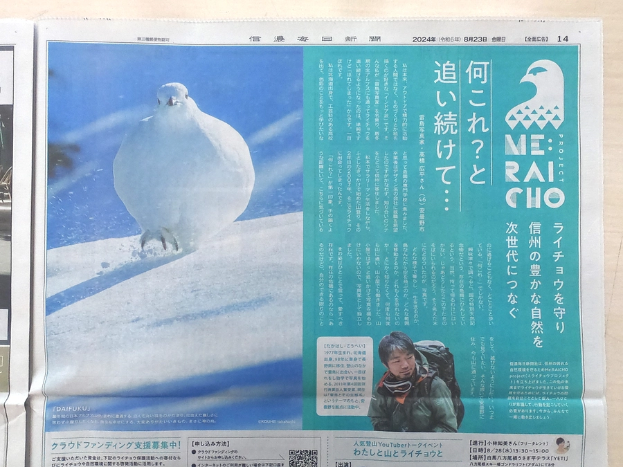 「何これ？と追い続けて…」雷鳥写真家・高橋広平さんのインタビューを信濃毎日新聞に掲載しました！