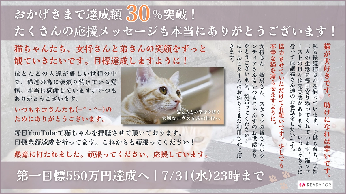 【目標額30％達成】たくさんのご支援ありがとうございます！嬉しい応援メッセージのご紹介です！
