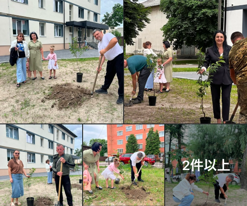 リヴィウ州の田舎町ドブロトヴィルでの桜植樹