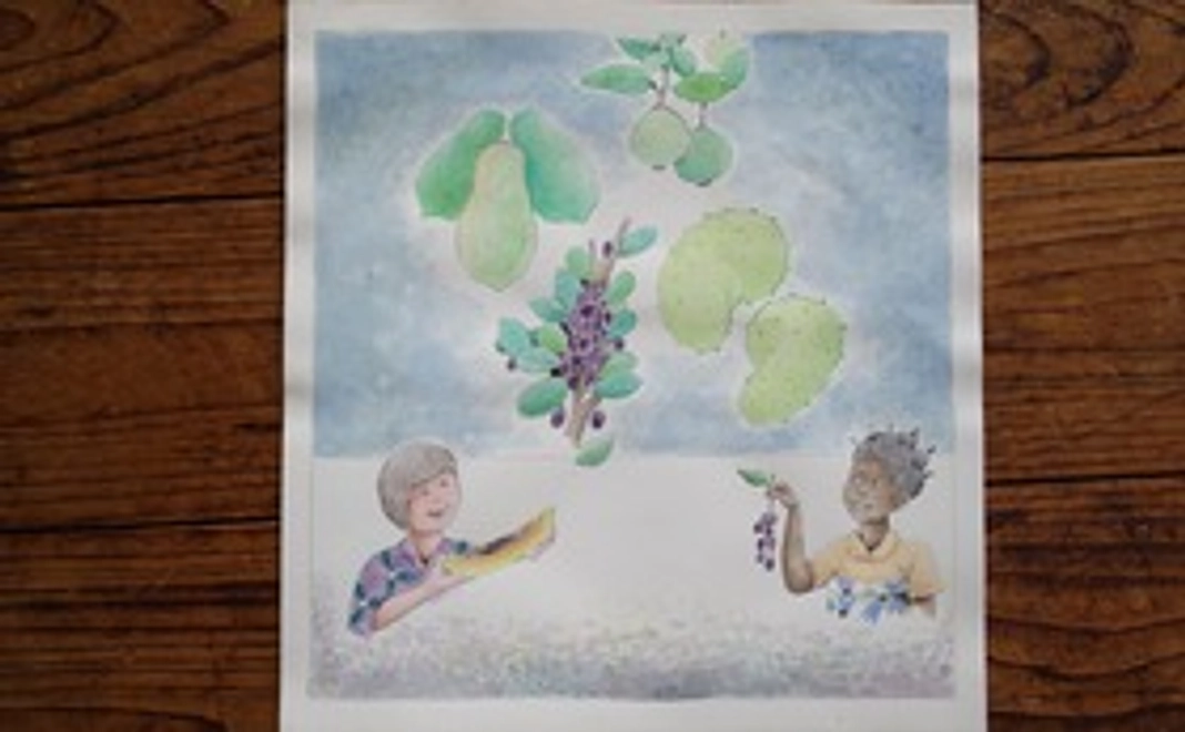 『ニョタのふしぎな音楽』絵かきさんイマンジャマさんの原画（果物を食べる2人）＆ 絵本1冊 (+DVD)