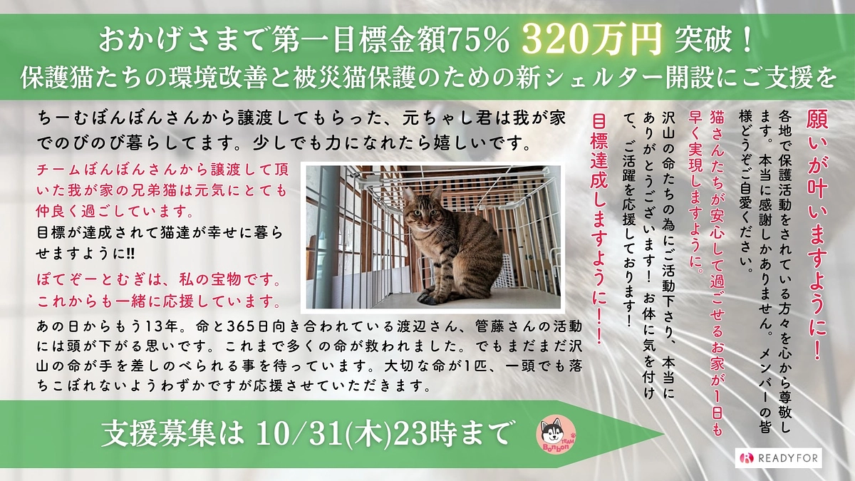 第一目標金額75%【320万円】突破しました！