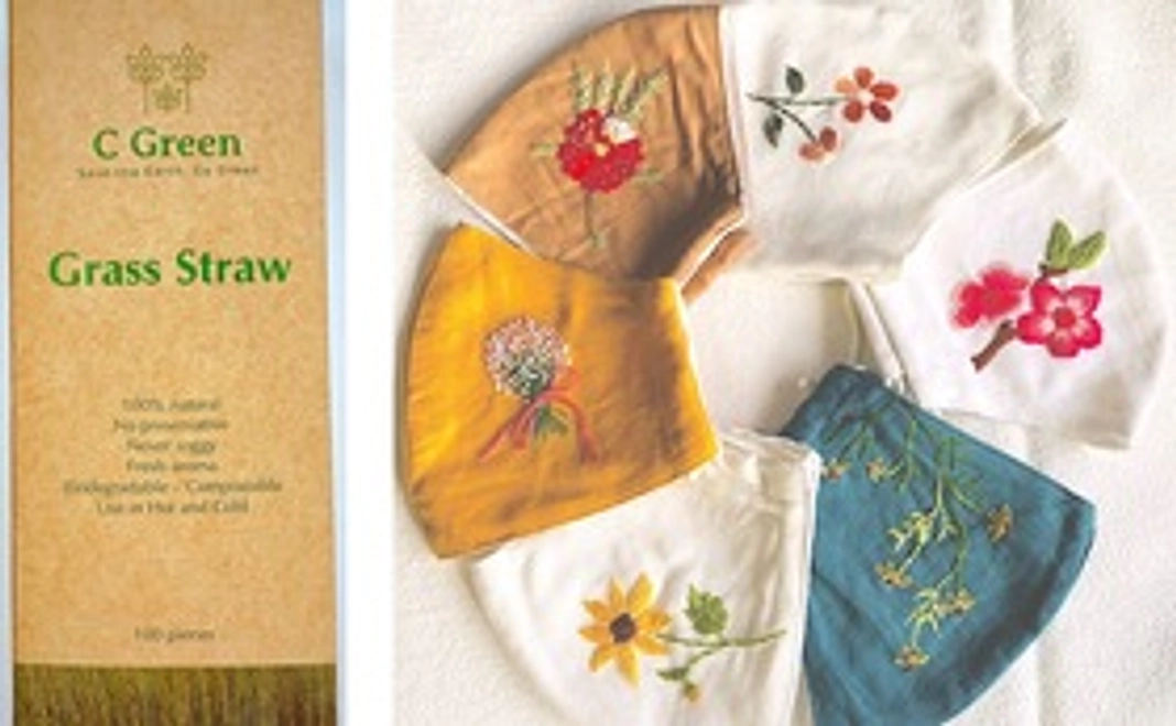 草ストロー100本と手刺繍マスクのセット