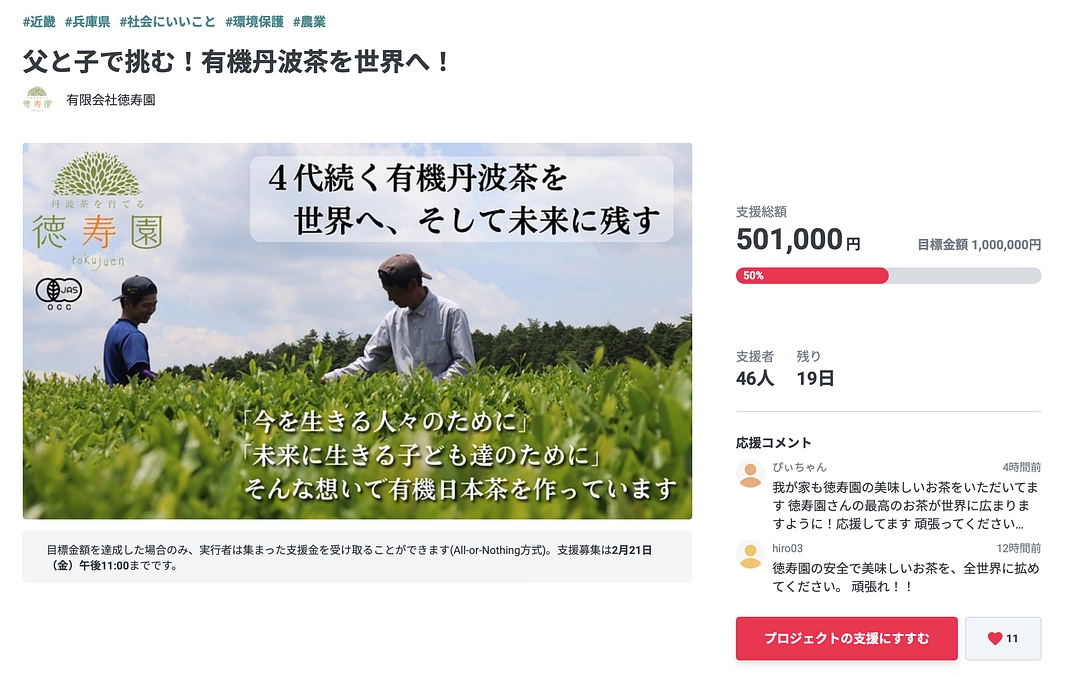 【残り20日を切りました！目標金額の50%達成！】