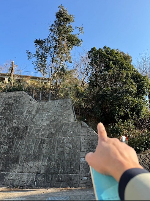 西側の法面工事が必要な場所を、下の道路から撮影しました。崩落の危険性があるため、早急な工事が必要です