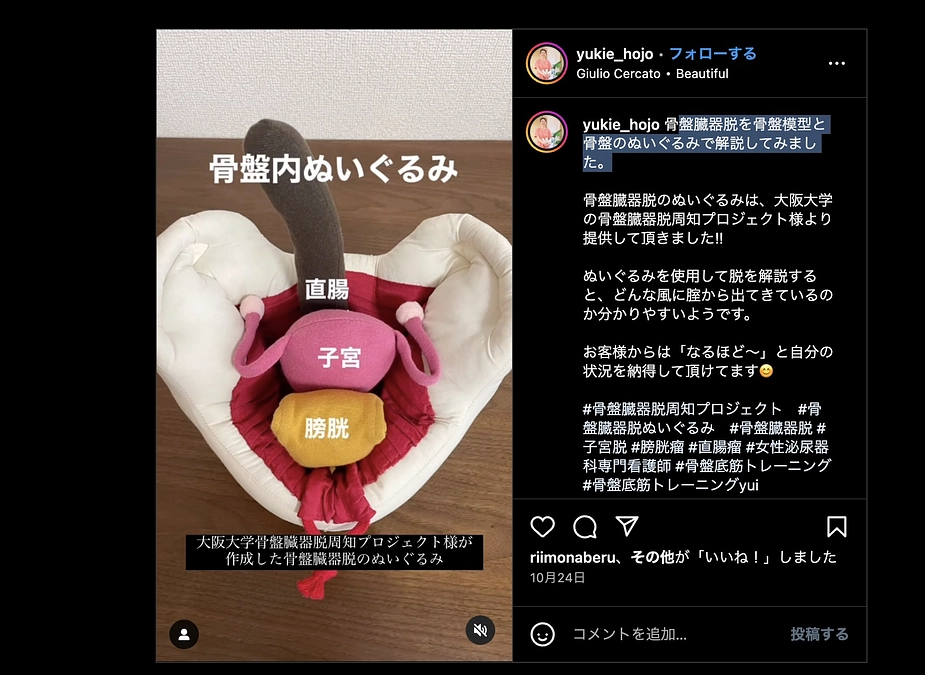 骨盤底筋トレーニングYUIの北條さんから骨盤臓器脱ぬいぐるみセットの感想を送っていただきました！