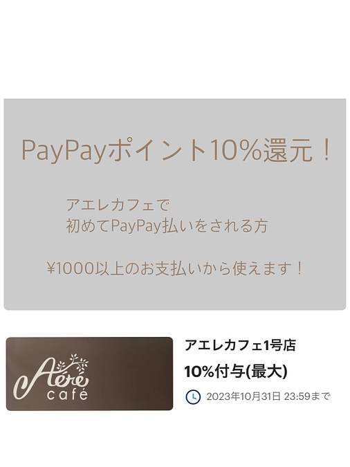 PayPayポイント10%還元クーポン発行しました！
