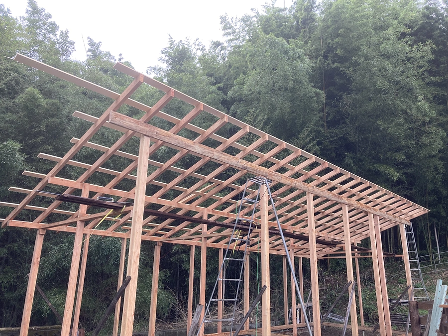 馬小屋の制作〜その８。溝掘り実施。屋根には垂木と野地板が設置されました！