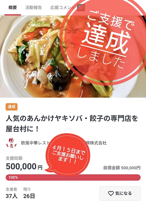 プロジェクト達成できました。目標金額達成の御礼