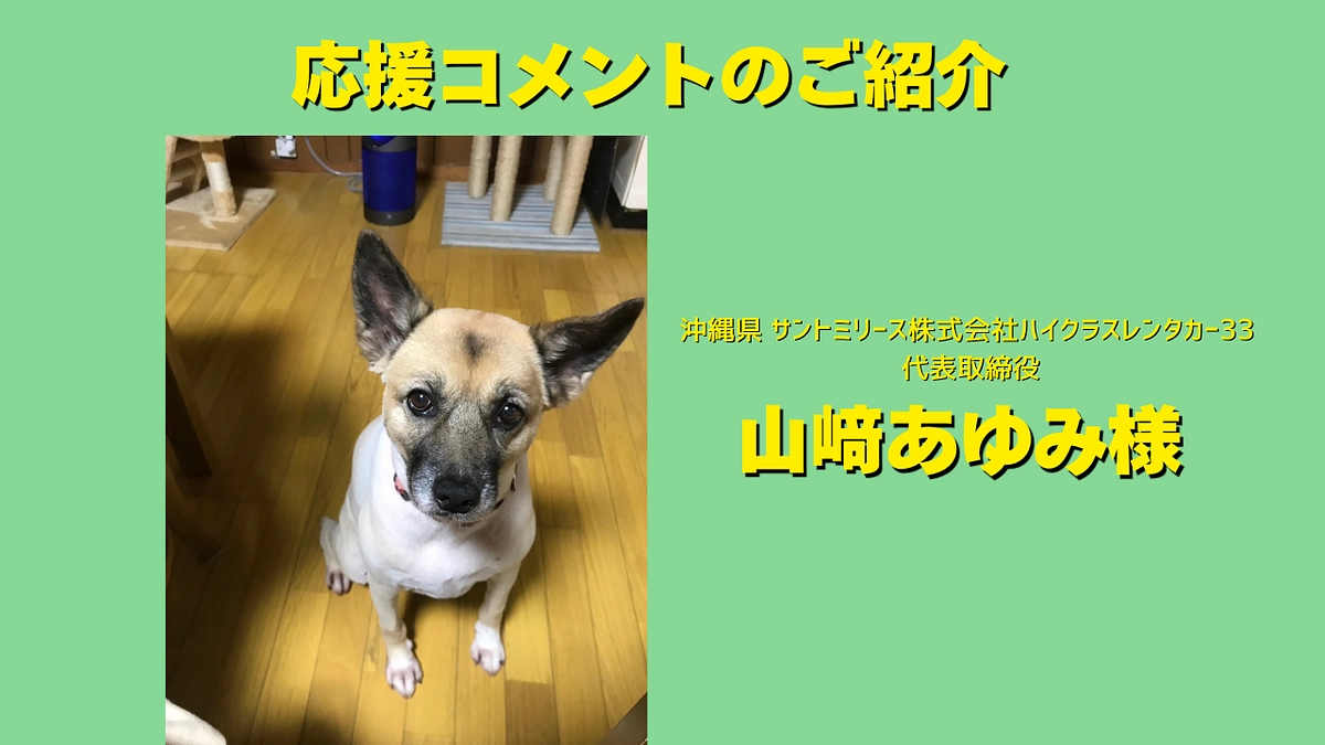 サントミリース株式会社 ハイクラスレンタカー33 代表山﨑あゆみ様より応援メッセージをいただきました