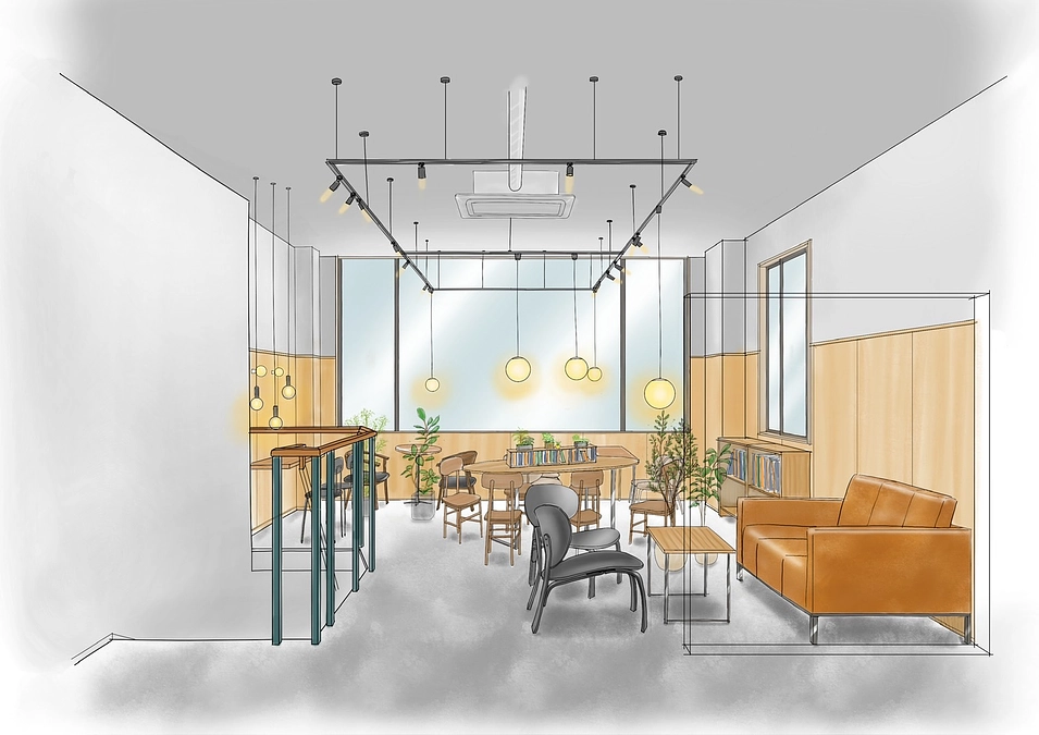 【店舗完成イメージ】2階：ソファ席、スタディ席、カウンター席、窓際くつろぎ席