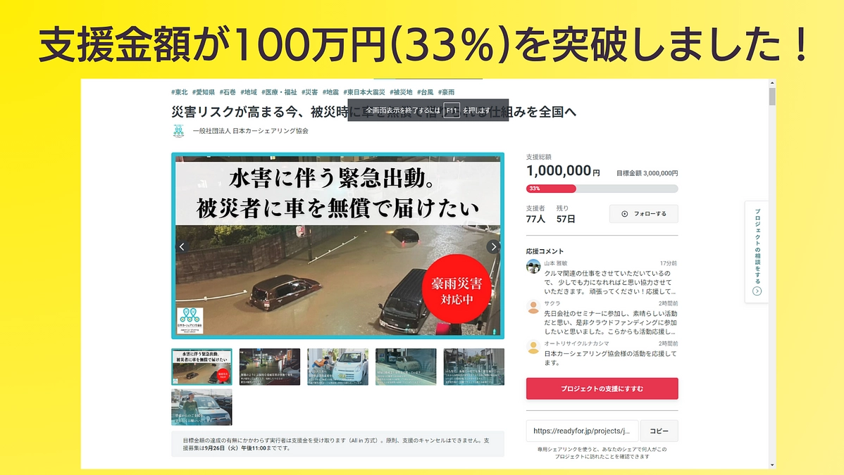 支援金額が100万円を突破しました！応援いただいた皆様、ありがとうございます！