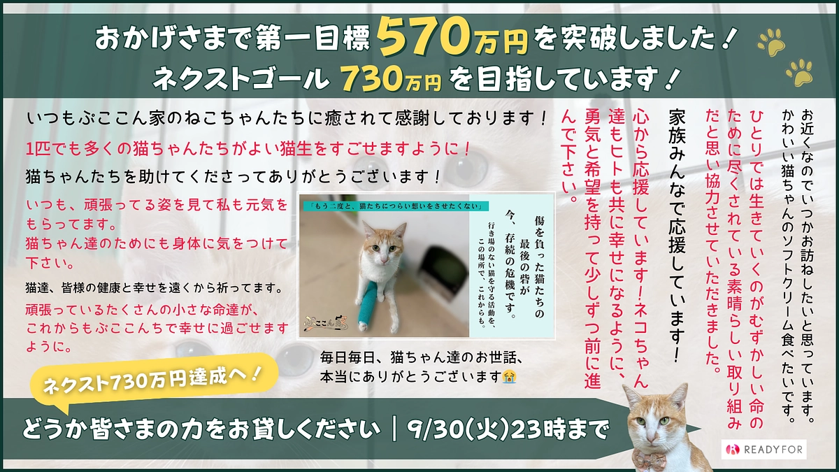 おかげさまで第一目標570万円を達成！ネクストゴール730万円に向けて最後まで応援お願いします！