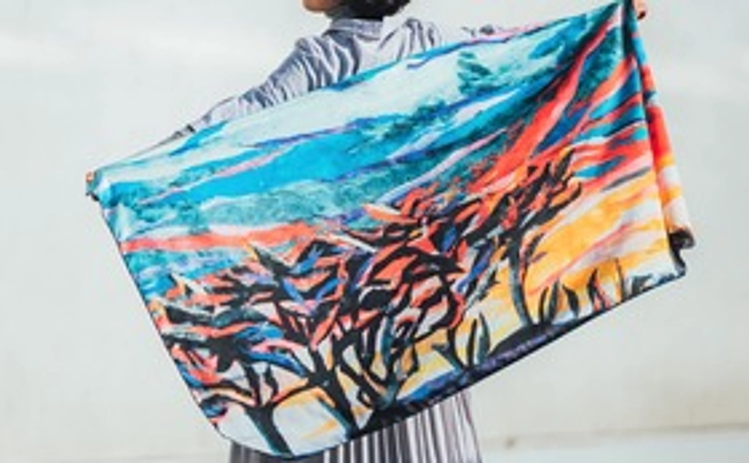 早得５名様！03・絵画のストール長方形・夕陽とりんごの木の布マスクセット