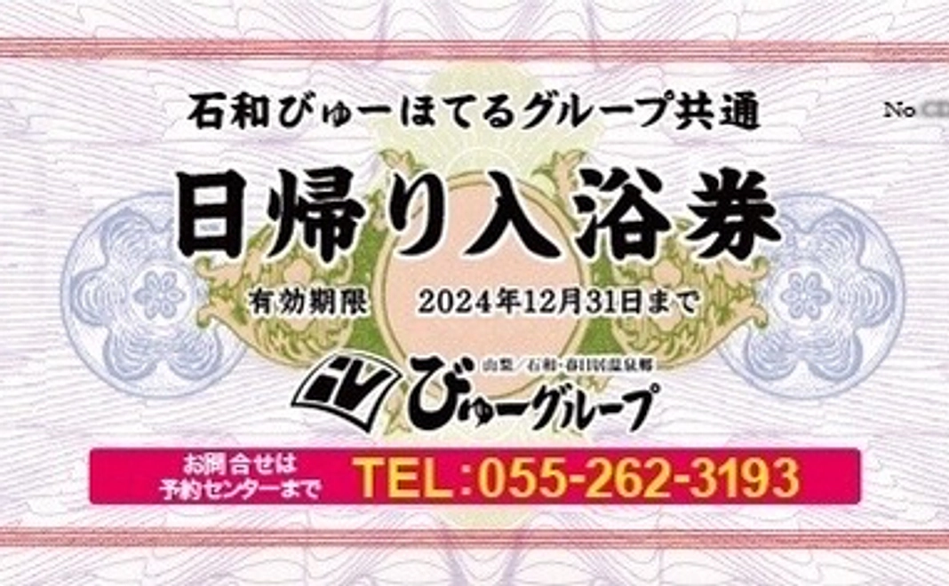 【山梨ツアー】びゅーほてるグループ　日帰り入浴券　12枚セット