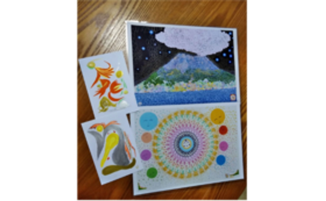 ことだまアート複製版Ａ4サイズ2枚・オリジナル宇宙文字ポストカードサイズ2枚