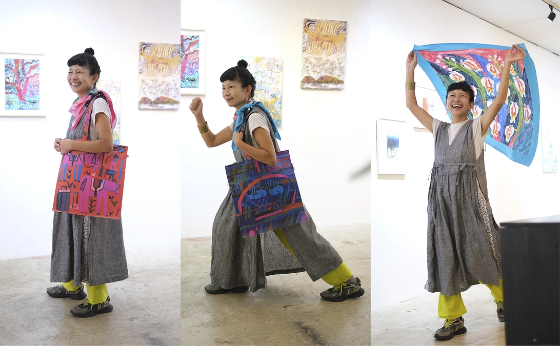 リターン品のシルクスカーフの試作ができました！トートバッグ紙の試作品　ミロコマチコさん在廊日にて