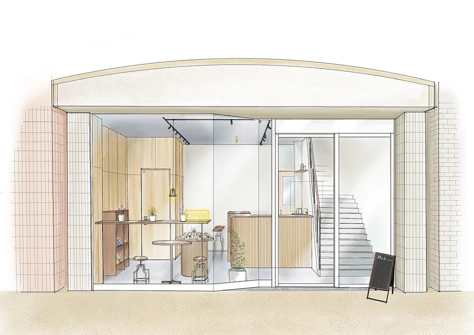 【店舗完成イメージ】外観：中央通りから見た一面ガラス張りの "絲と糸"