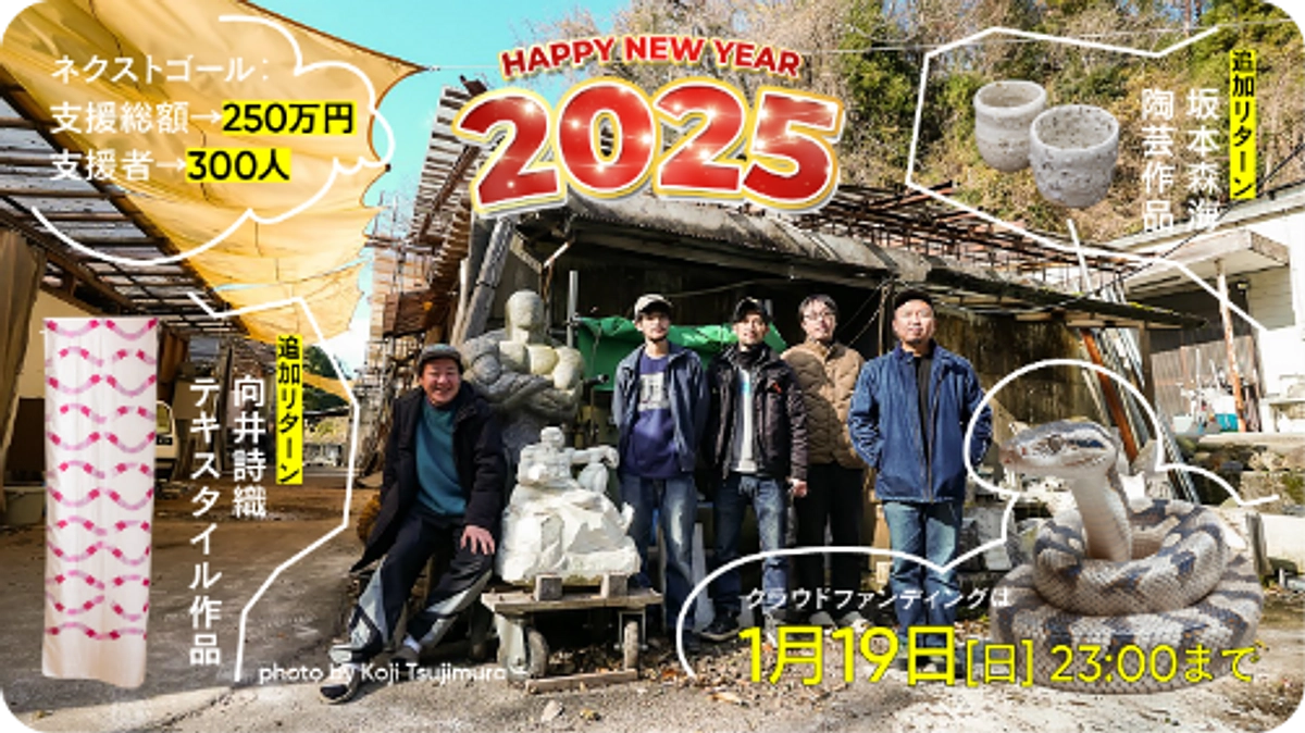 支援金200万円達成と、向井詩織テキスタイル作品、坂本森海陶芸作品のリターン追加