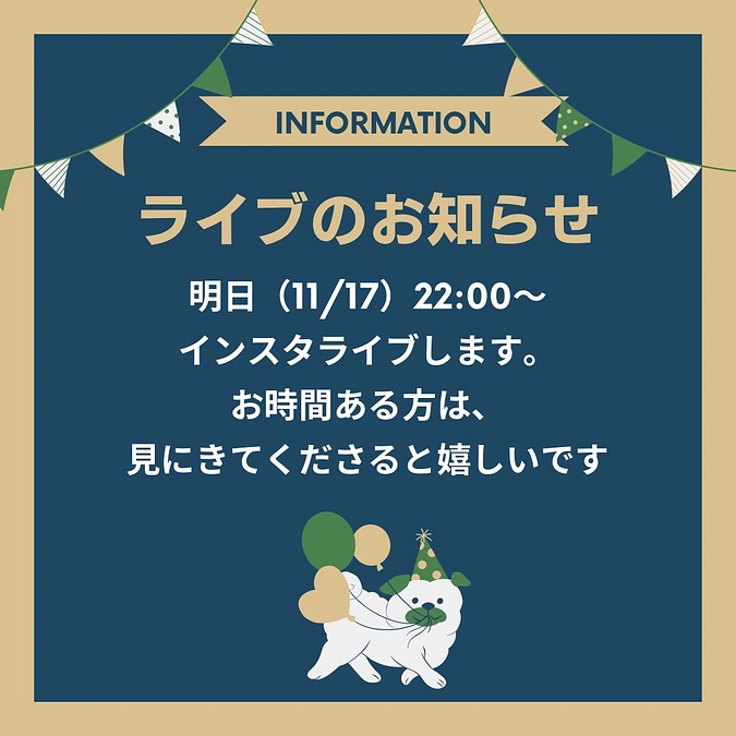 11/17 22:00〜　インスタライブします🐶💛