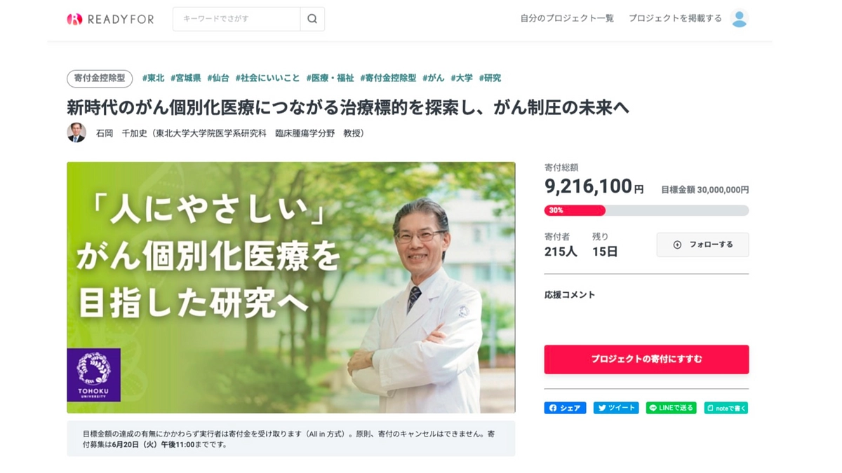 東北大学・石岡千加史先生のクラウドファンディングご紹介：新時代のがん個別化医療の開発へ