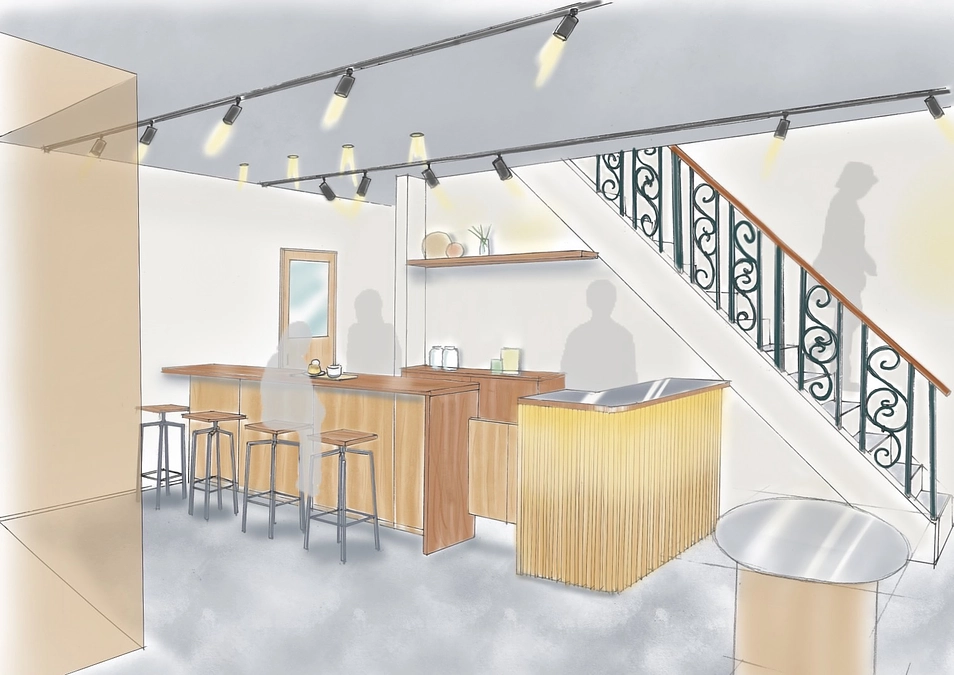 【店舗完成イメージ】1階：客席とキッチンカウンター