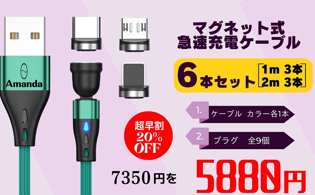 超早割20％OFF　6本セット（1ｍ3本・2m3本・プラグ全9個）