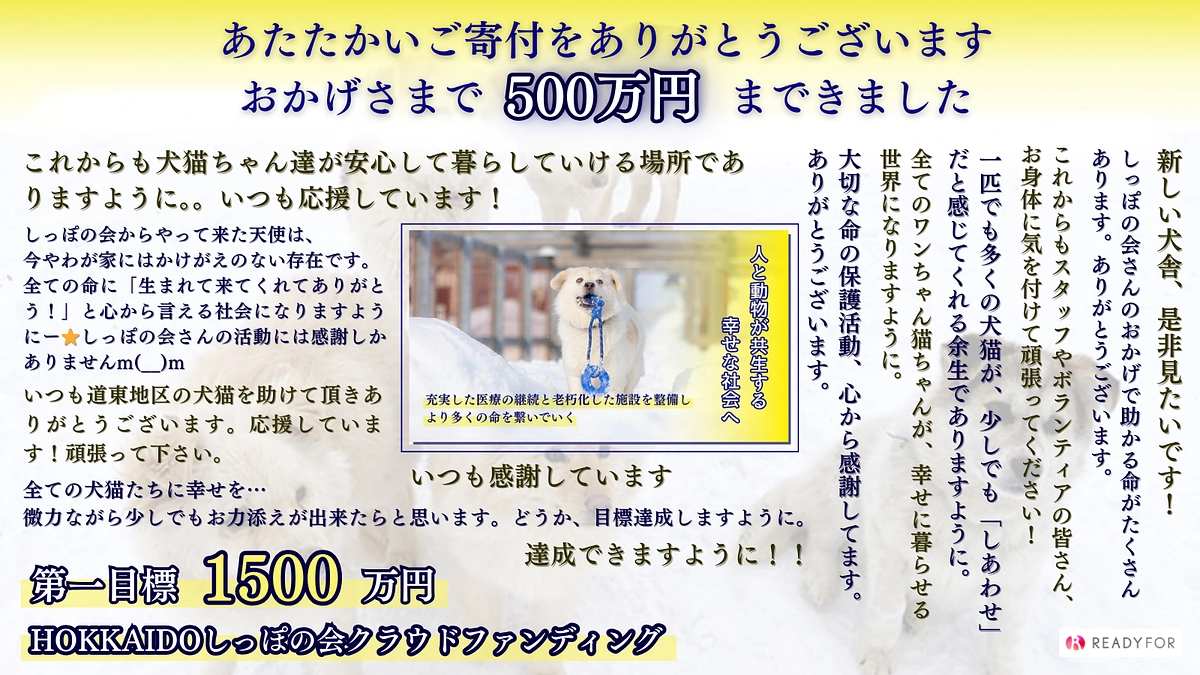 500万円を突破しました！あたたかいご寄付と応援コメントをありがとうございます！