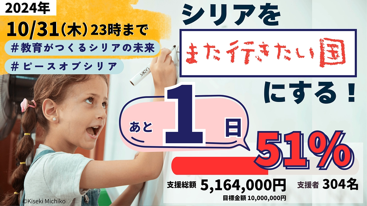【残り29時間！あと49％】シリア人からのメッセージ「教育・文化への支援は心の支え、平和への希望だ」