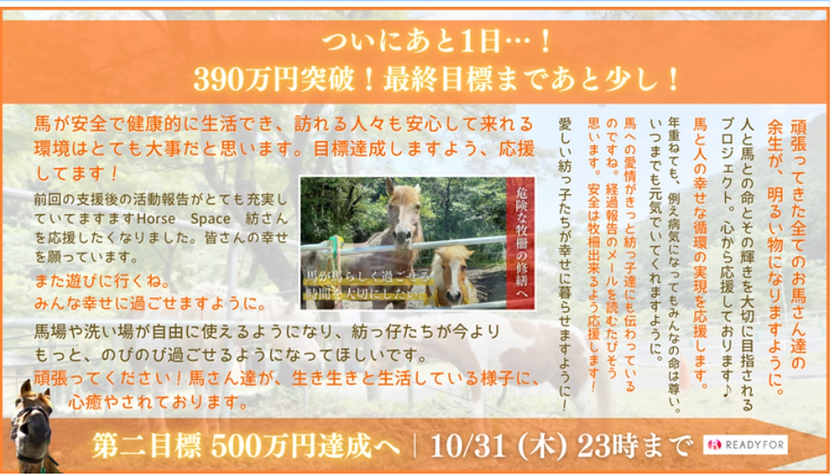 【終了までついにあと1日！390万円突破！最終目標まであと110万円！】応援メッセージをご紹介します