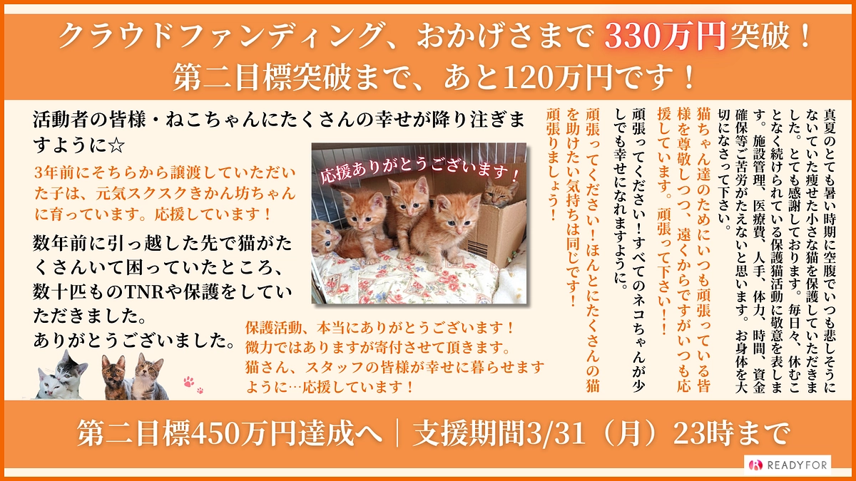 330万円突破！皆様の応援、本当にありがとうございます！