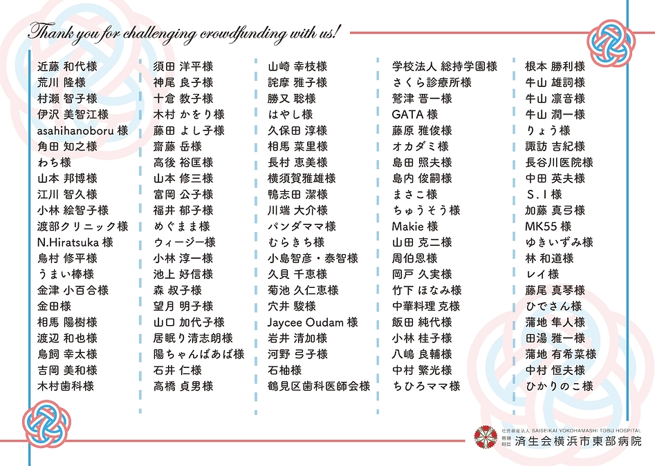 ご支援いただいた方々のお名前を掲載いたしました