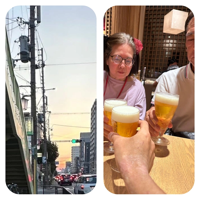 夕焼け＆3人で乾杯