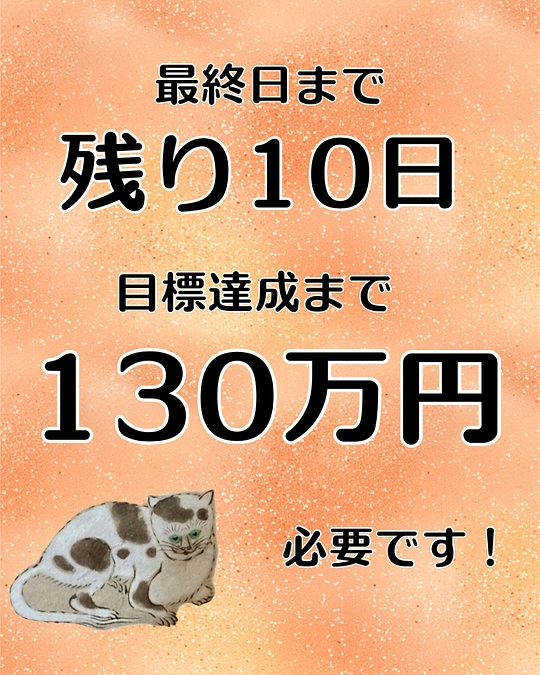【最終日まで10日】目標達成のためには、さらに130万円のご支援が必要です。