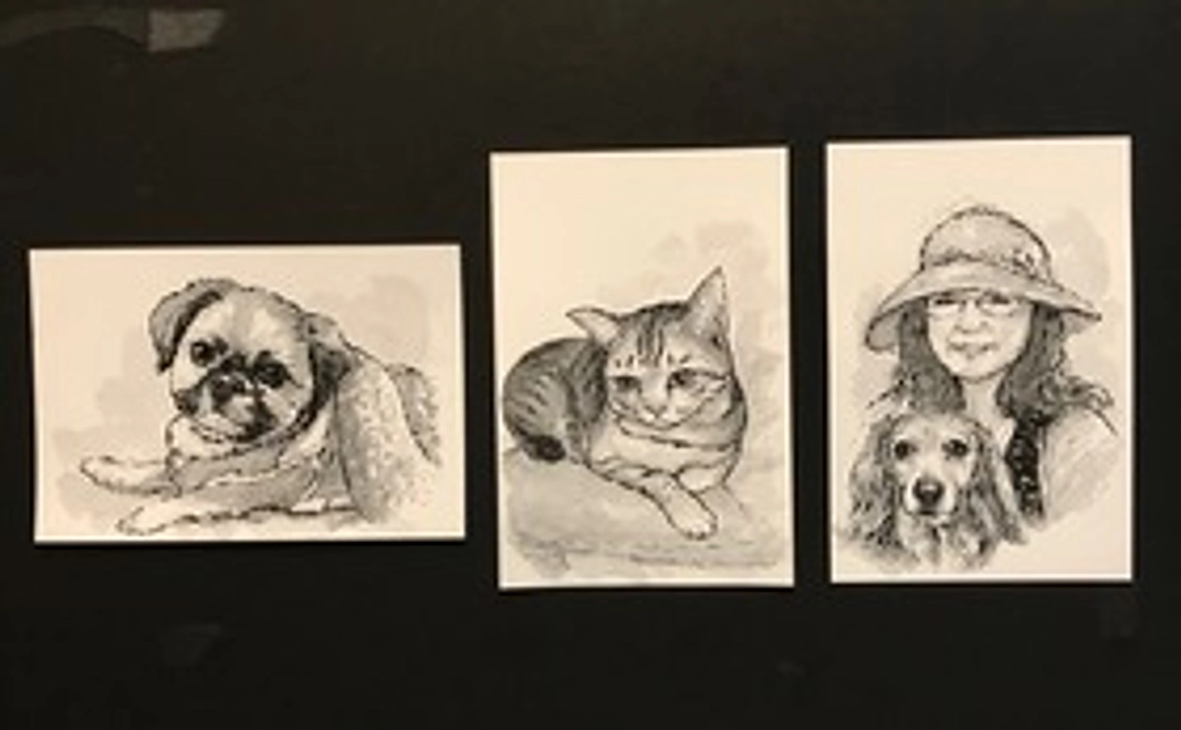 お写真（コピー可）お見せください。マーカーペンと筆ペンで「ハガキ」にイラストをお描きしお送り致します。