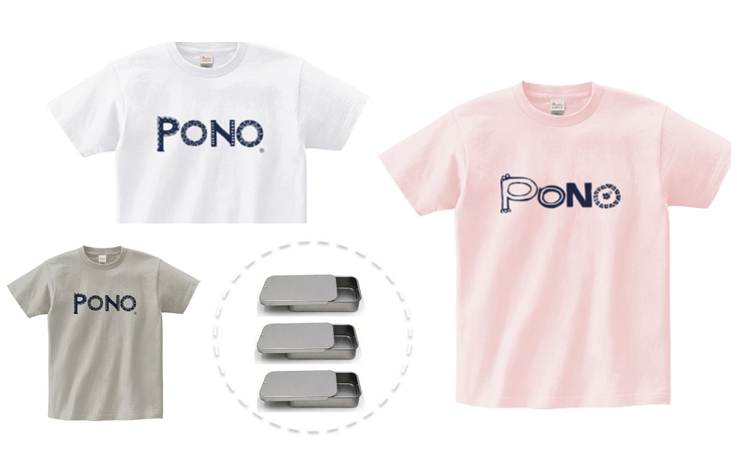 PONOオリジナルTシャツABセット（白+灰）＋幻のPONOロゴTシャツ（薄ピンク）＋ブリキ製岩塩入れ3個［★限定10］